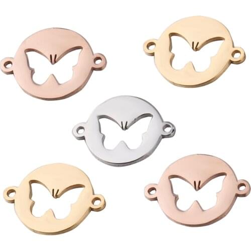 5PCS Stainless Steel Hollow Butterfly Charm Double Hole Round Charms DIY Jewelry Bracelet Necklace Connector For Jewelry Finding