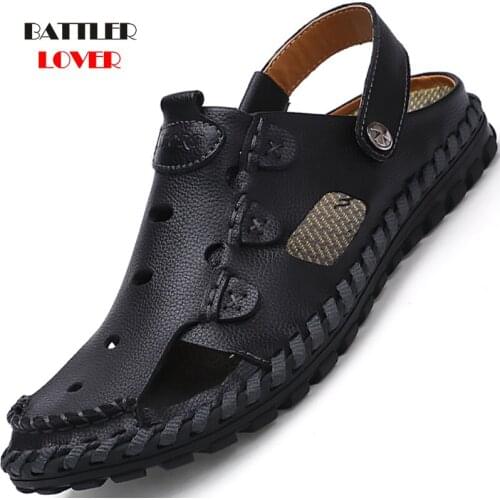 Brand Summer Men Beach Cork Slippers Male Casual Buckle Genuine Leather Cut-outs Clogs Slides Slip On Shoes Size 38-44