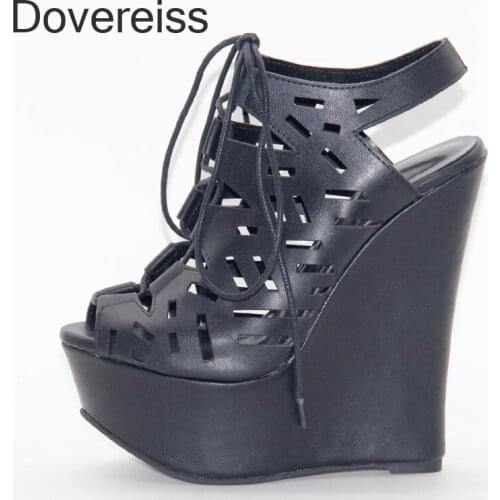 Dovereiss Fashion Womens Shoes Summer Pure Color Wedges Peep Toe Cross Tied Platform Sexy New Consice Sandals 42 43