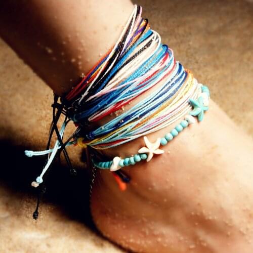 European handmade cotton thread woven starfish anklets 4mm natural stone beads seaside women bracelet ankle chain BOHO