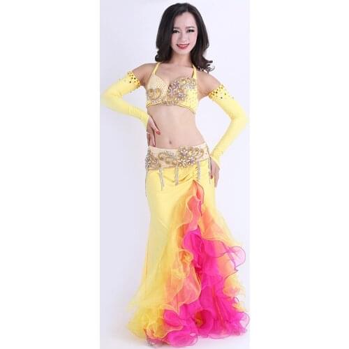 Belly Dance Costume High Grade Performance Egyptian Belly Dancing Oriental Dance Outfits Set 4pcs top+skirt+belt+Sleeves