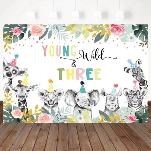 Mocsicka Safari Forest Wild Three Backdrops Baby 3th Birthday Party Background for Photo Studio Photocall Flowers Leaves Animals