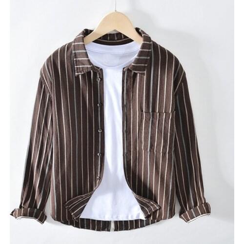 Striped Casual Shirt For Men Single Breasted Turn-down Collar Tops Autumn Long Sleeve Brand Clothing Y3496