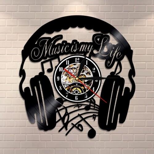 Music Headphone Wall Clock Rock n Roll Vintage Inspirational Quote Home Decor Vinyl Record Wall Clock