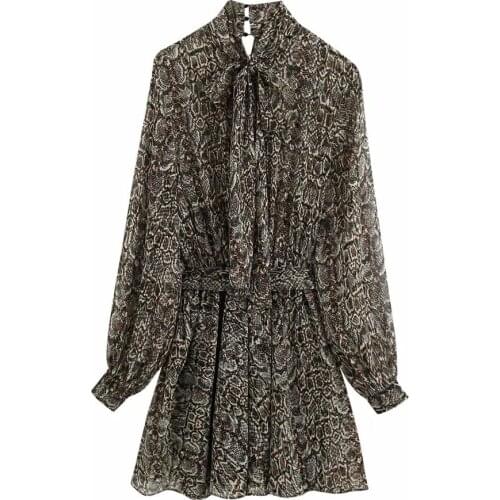 New Pop Women Dress Animal Print High Neck Long balloon sleeves Short Dress Belt Elastic waistband Lining vestidos femme robe