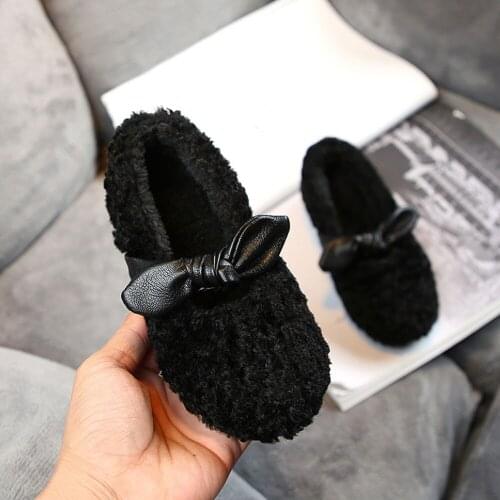 Baby Girls Casual Fleece Loafer for Home Toddlers Lopper Shoes Slip-on Winter Kids Velvet Plush Warm Princess Shoes Bow Adorable
