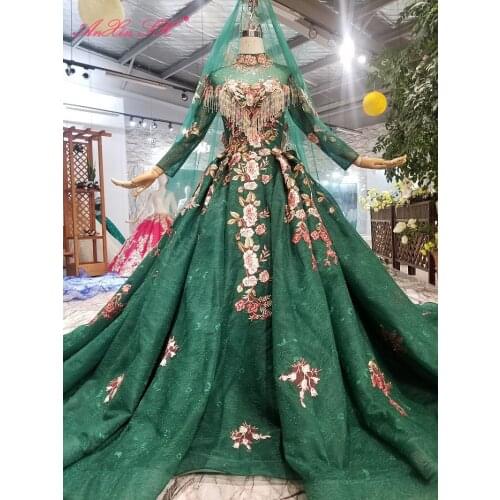 AnXin SH Luxury rose flower green lace beading crystal high neck sparkly long sleeve green train wedding dress 100% real photo