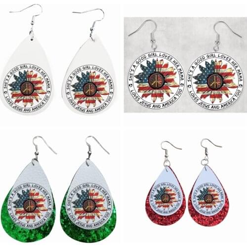 Earrings-Girl Loves Her Mama Loves Jesus And America Faux Leather Teardrop Earrings Bulk Wolesale