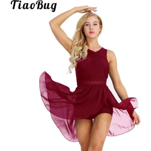 TiaoBug Women Sleeveless Chiffon Stage Lyrical Dance Costumes Adult Stretchy Ballet Leotards Breathable Gymnastics Leotard Dress