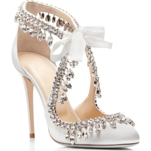 Fashion Sandals Women Pointed Toe Diamond Thin Heel Womens Shoes White Wedding Shoes Pumps Shoes For Brides High-heeled Shoes