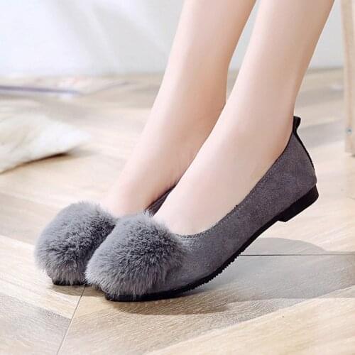 Spring Autumn Faux Fur Slip on Flat Shoes Woman Flats Faux Suede Boat Shoes Fur Shallow Shoes Ladies Loafers Black Grey N7759