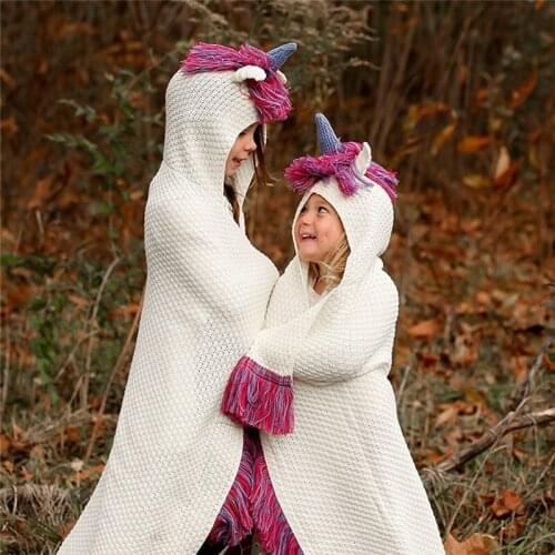 Knitted Wool Girl Boy Kids Wearable Blanket Crochet Woolen Cloak Animal Unicorn Siamese Cap Travel Outdoors Warm Blankets