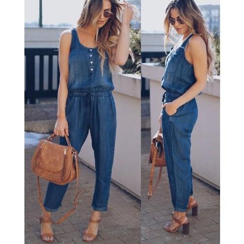 Women Fashion Slim Casual Waistcoat Denim Jumpsuit Denim Wash Overall For Summer Lady Loose Romper Pants