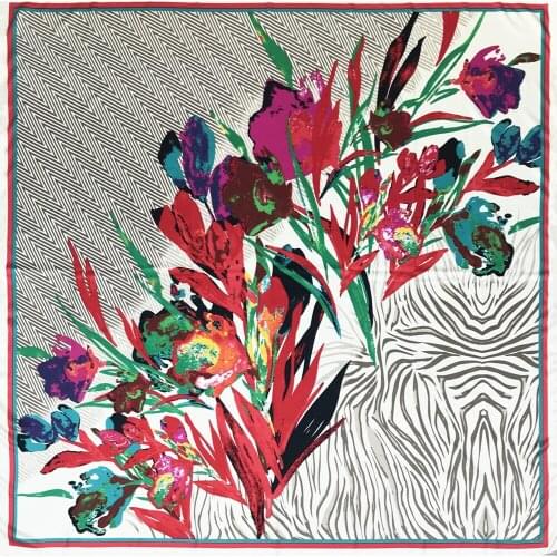 KOI LEAPING Fashion Silk Scarf Women flower Print Square Towel Scarf Soft Twill 100% Silk Spring Shawl 130x130cm