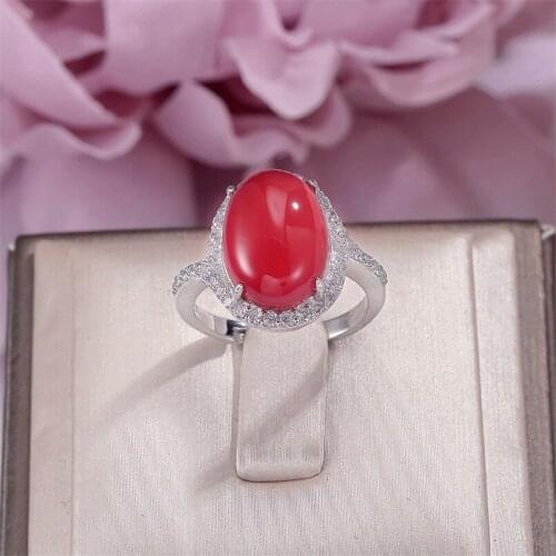 100% Natural Chalcedony Rings For Women 925 Silver Fine Jewelry 1ct Red Oval 14*10mm Gemstone Adjustable Vintage Ring R-CH002