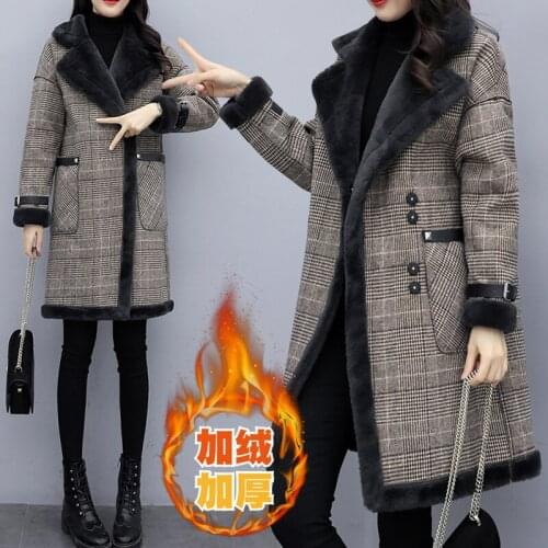 Winter Plus size womens coat Lattice coat female New Plush famale jacket Long plus velvet woolen coats Korean fashion clothing