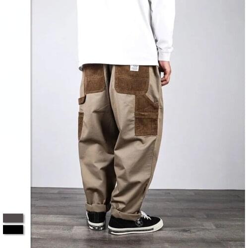 Cargo Pants Mens Corduroy Patch Pocket Stitching Drawstring Straight Loose Casual Pants Black Khaki Japanese Streetwear Pants