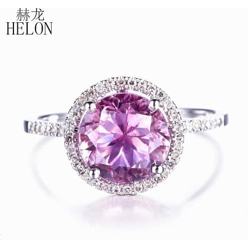 HELON Solid 14K White Gold AU585 Certified Round 9.5mm Genuine Topaz & Diamonds Wedding Ring Women Brilliant Pretty Fine Jewelry