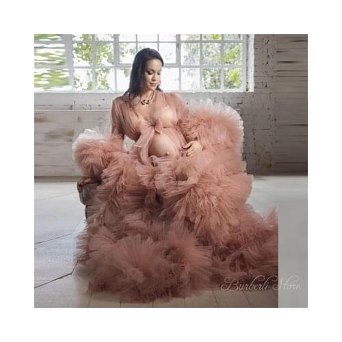 Pretty Blush Tulle Pregnant Woman Dresses To Photoshoot See Thru Long Tulle Robe Ruffles Long Puff Sleeves Vestidos