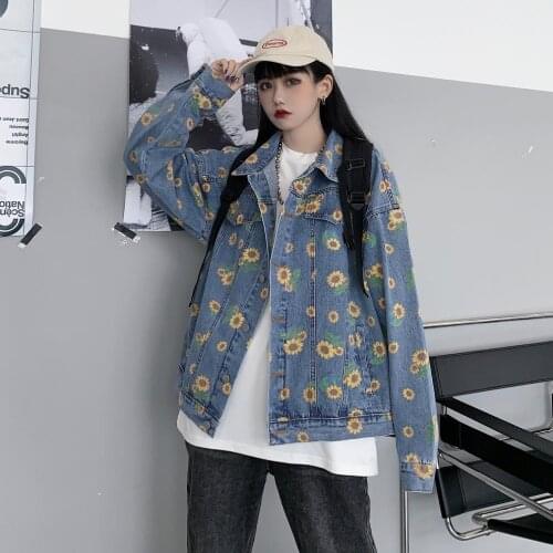 New Jacket Women Streetwear Denim Jacket Vintage Sunflower Print Denim Jacket Loose Single Breasted Jacket Man Denim Jacket