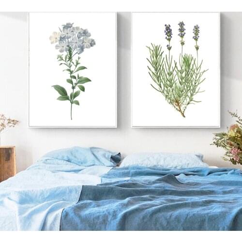 Lavender Botanical Vintage Poster Blue Flower Print Watercolor Wall Art Canvas Painting Blue Plumbago Plant Picture Home Decor