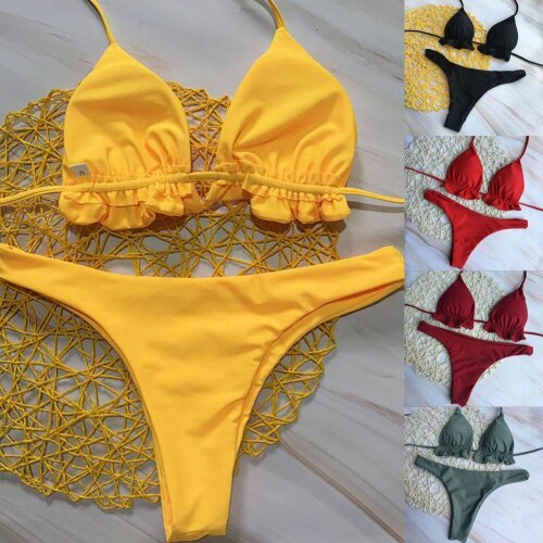 Summer Women Sexy Bandage Brazilian Bikini Set Top Thong Bottom Set Beach Push-up Swimwear Ladies Lace Up Swimsuit Beachwear