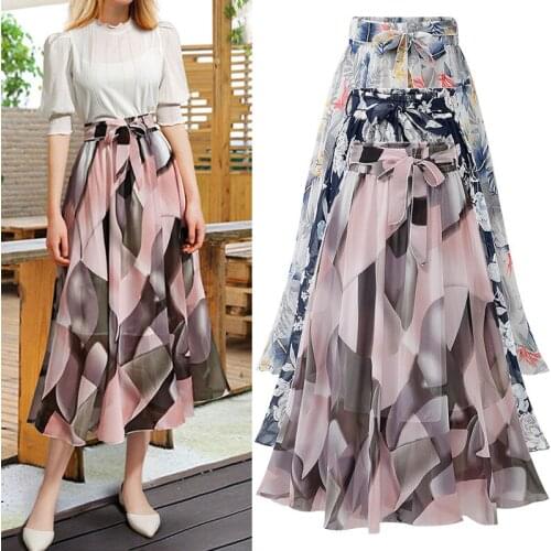 Summer Sexy Women Lace Up Chiffon Skirts Fashion High Waist Ruffles Loose Long Wrap Skirt 2019 New Ladies Printed Outwear Cloth