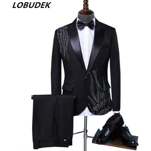 Black white Crystals Mens Suits Fashion slim Blazers Host Adult costume Singer Chorus Wedding master of ceremonies stage outfit