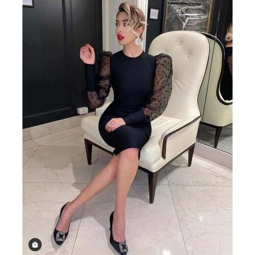 2021 Winter New Full Sleeve Lace Bodycon Bandage Dress Black Sexy O Neck Knee Length Club Celebrity Fashion Party Dress