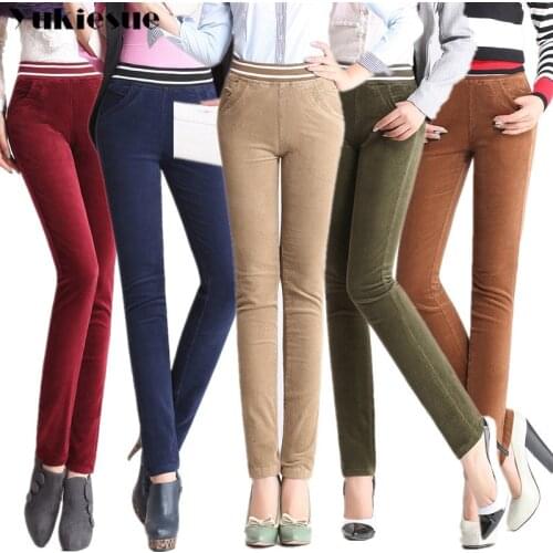 New autumn and winter womens Corduroy pants plus velvet trousers female plus size high elastic waist straight pants for women