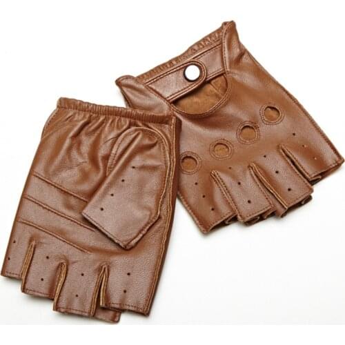 Men Sheepskin Gloves Retro Genuine Leather Fingerless Gloves Driving Cycling Motorcycle Unlined Half Finger Gloves
