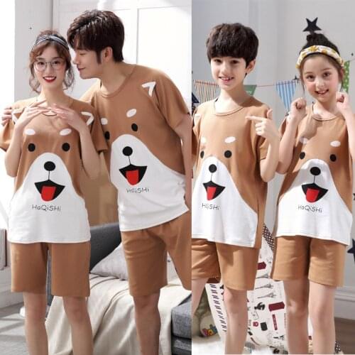 Szie 8-4XL MING New Parent-Child Pajamas Set Summer Short Sleeves Pure Cotton For Boys Girls Women Men Cute Cartoon Home Wear