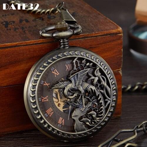 Vintage Bird Mechanical Pocket Watch Skeleton Fine Laser Engraved Case Fob Chain Clock for Men Women Collection Dropshipping