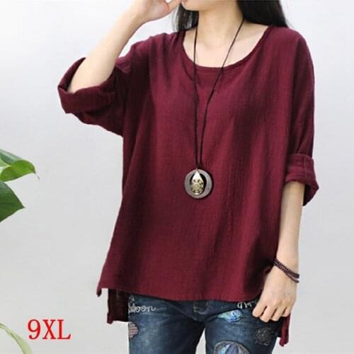 Large size womens T-shirt cotton and linen plus size 6XL 7XL 8XL 9XL summer round neck long sleeve loose red T-shirt top