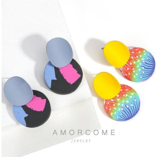 AMORCOME Unique Design Grey Yellow Print Alloy Colorful Polymer Clay Round Pendant Earrings for Women Statement Ear Jewelry Gift