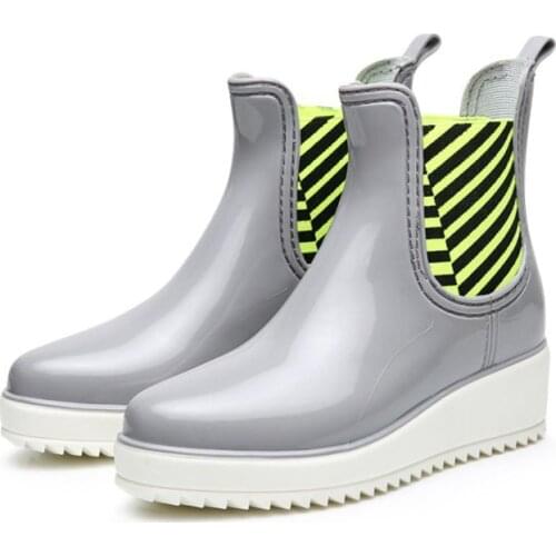 Fashion PVC Ankle Rain Boots Girls Rubber Water Shoes Womens Platform Heightening Flats Waterproof Elastic Non-slip Rainboots
