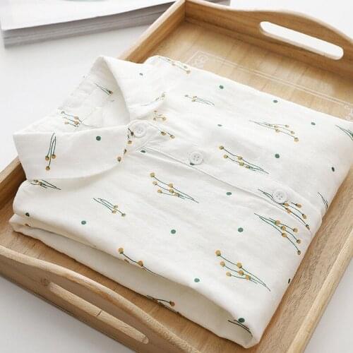 Cotton 100% Printed Women Shirts Summer New 2021 Turn-Down Collar Long-Sleeved Sweet Style Female Outwear Coats Tops