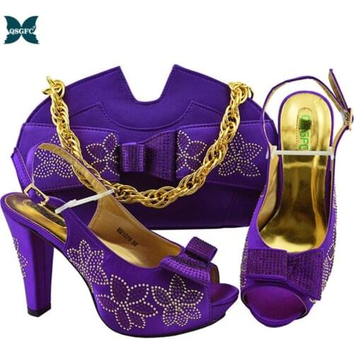 Newest Italian Design High Heels Hign Quality Ladies Shoes and Bag To Match African Shoes and Bag Set in Purple Color for Party