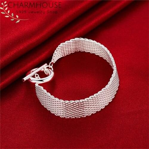 Charmhouse 925 Silver Bracelet & Bangles For Women 12mm Wide Link Chain Bracelets Wristband Pulseira Femme Wedding Jewelry
