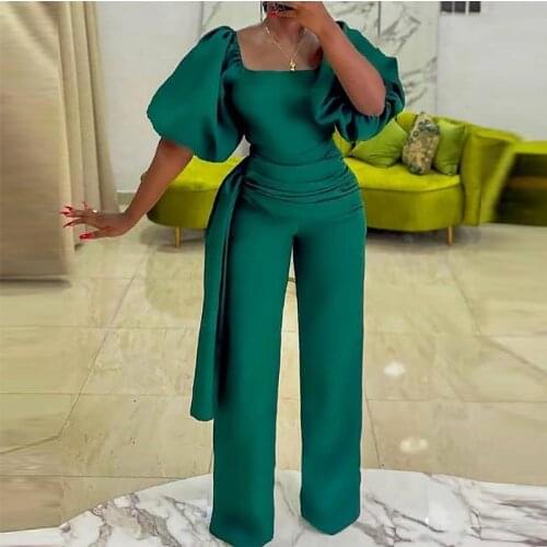 Womens Jumpsuit Solid Puff Sleeve Square Neckline Straight Pants Zipper Closed Sexy Waisted Elegant Skinny Playsuits Plus Size