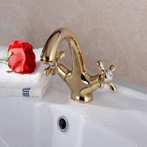 Gold Color Brass Single Hole Bathroom Vessel Basin Faucet Hot/Cold Mixer Taps Dual Cross Handle agf006