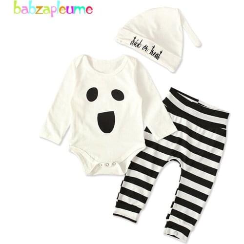 3Piece Baby Halloween Costume Cartoon Cute Print Long Sleeve Cotton Bodysuit+Stripe Pants+Hats Newborn Boys Clothing Sets 1947