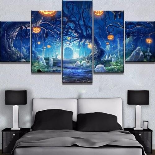 5 Piece HD Print Large Halloween Pumpkin Tree Decoration Paintings on Canvas Wall Art for Home Modern Decorations Wall Decor