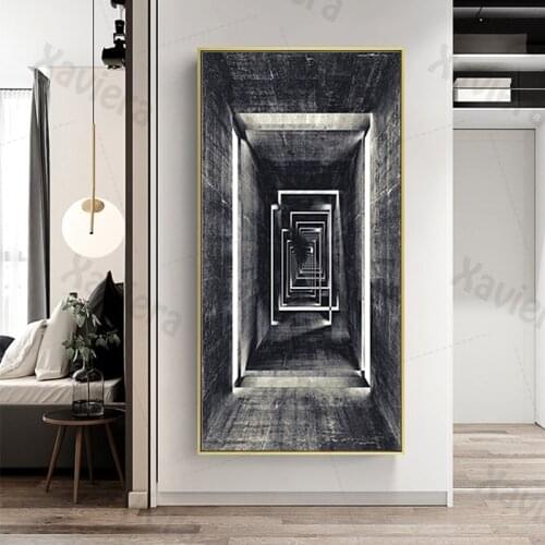 Abstract Geometric Retro Poster Infinite Corridor Canvas Painting Black and White Wall Art Picture Home Decor for Living Room