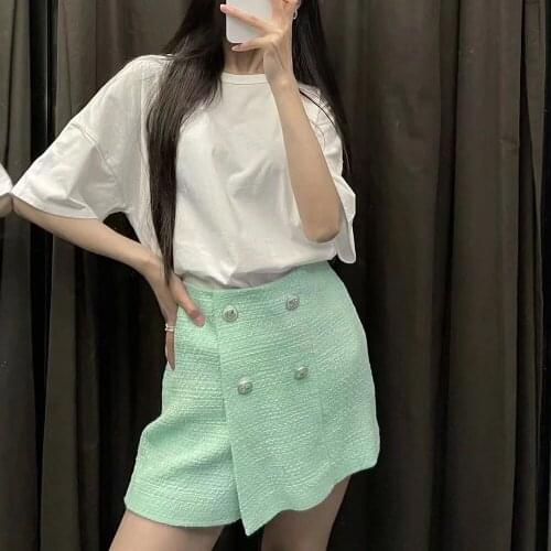 BBWM Chic Button Decoration Mint Green Tweed Hakama Women Fashion Casual Plaid Skirt Elegant Ladies A Line Mini Culottes Casual