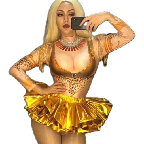 Gold Rhinestones Sparkling Bodysuit Women Cascading Ruffle Decoration Personality Performance Costume Ladies Party Evening Wear