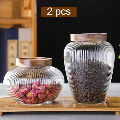 Wood Lid Glass Airtight Canister Kitchen Storage Bottles Jar Food Container Grains Pu'er Tea Can Coffee Beans Candy Jars