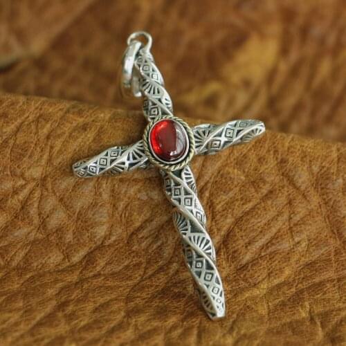 LINSION Red CZ 925 Sterling Silver Torsional Column Cross Pendant Mens Biker Pendant TA125