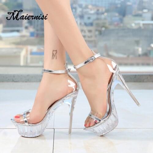MAIERNISI Sexy Crystal Sandals Transparent Super 14cm High Heel Platform Walk Show Nightclub High Heel Sandals Female