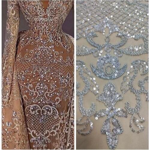 Latest Gorgeous Heavy Sliver bead High-End Tulle Shining Lace fabric Luxury Evening Dress French Lace